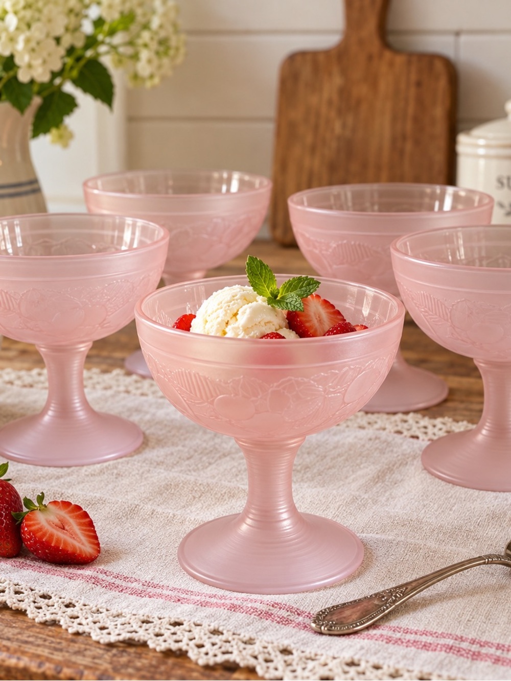 Vintage Luminarc Gourmande Pink Frosted Dessert Coupes France – Set of 5